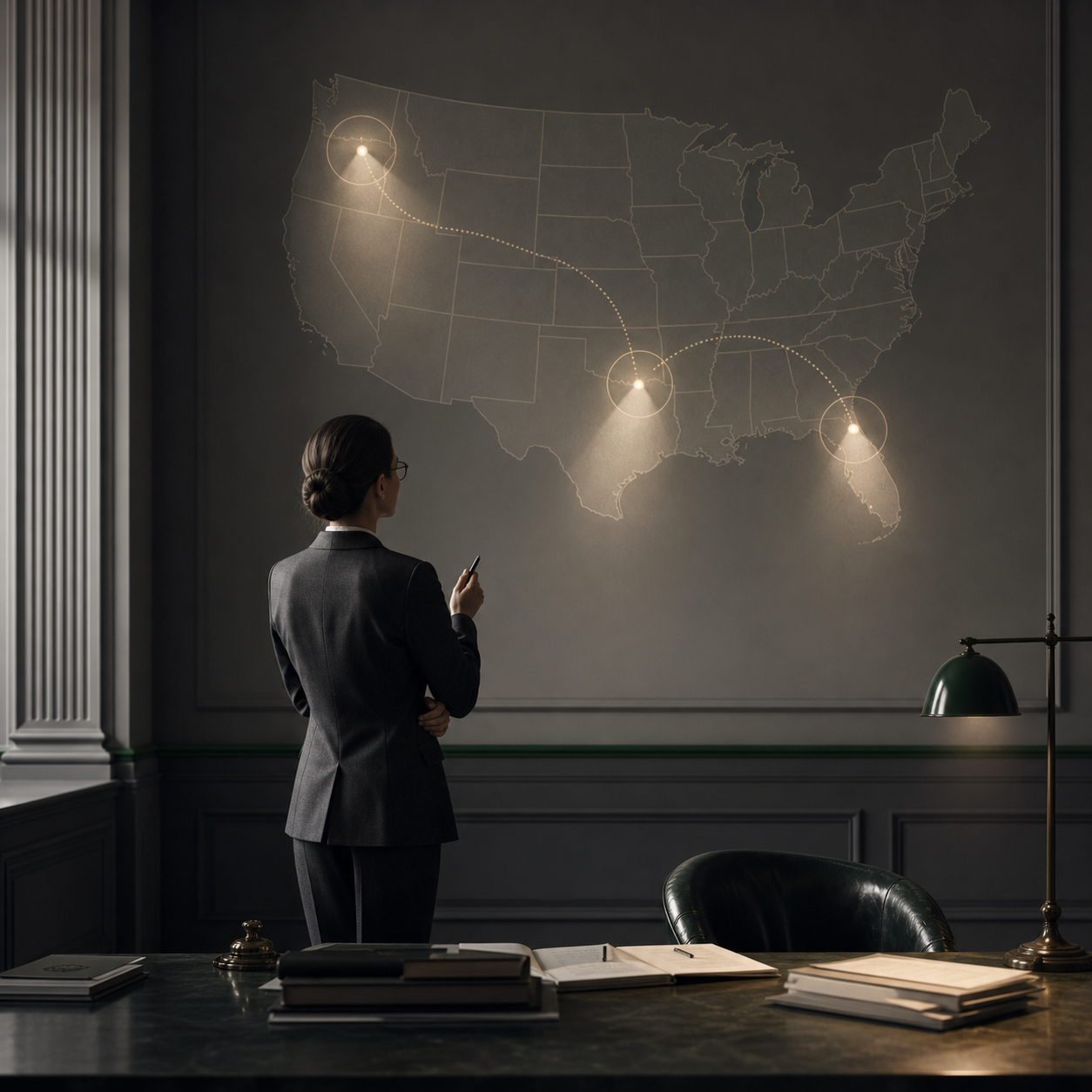 A finance team reviews tax notices and cross-border company records at a conference table.