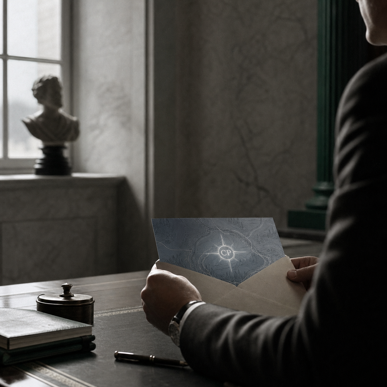 Executive calmly reviewing an IRS notice with financial documents