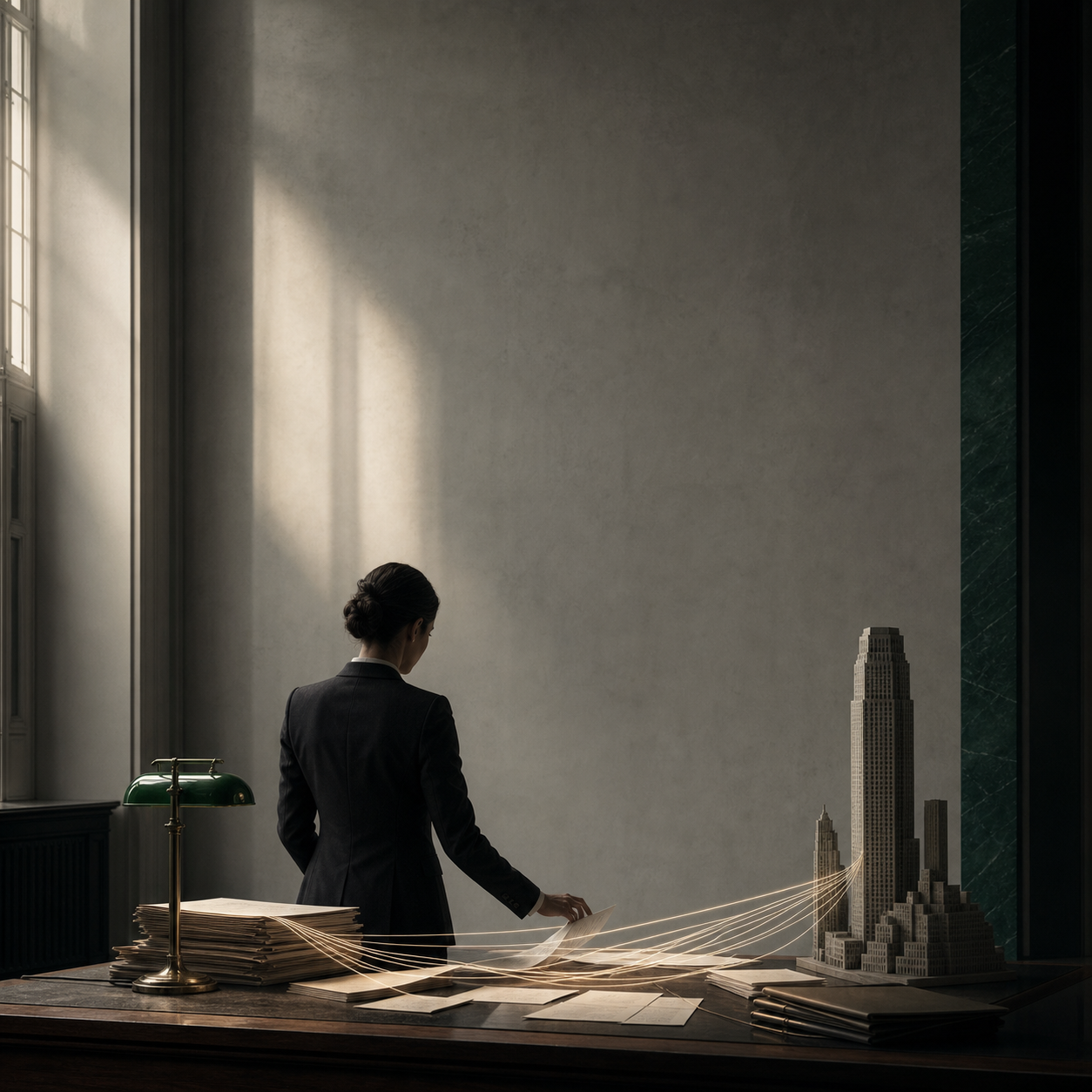 A finance executive reviewing a tax compliance checklist beside a laptop and a stack of entity documents.