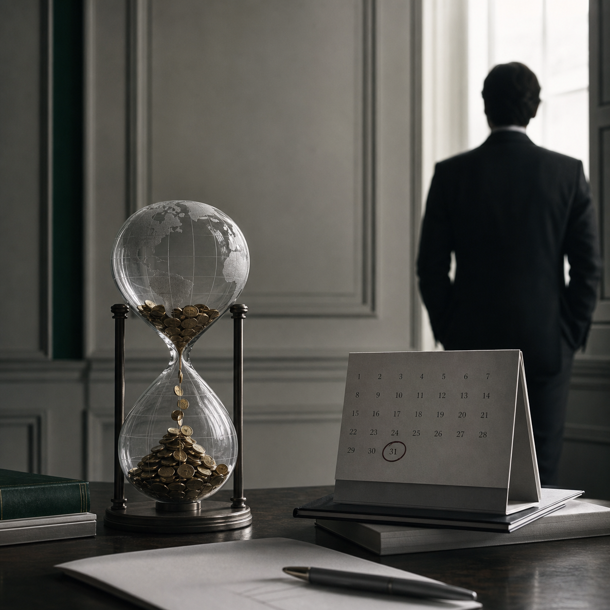 Executive reviewing year-end tax planning documents for an international business