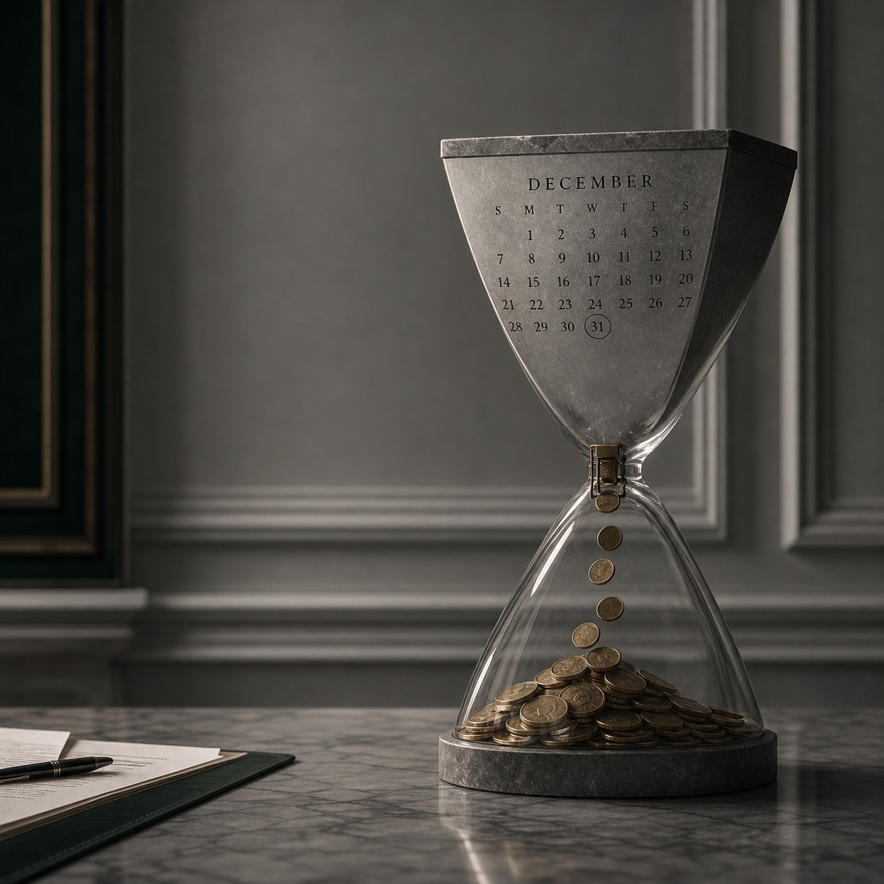 Calendar and financial documents showing a limited year-end tax planning window